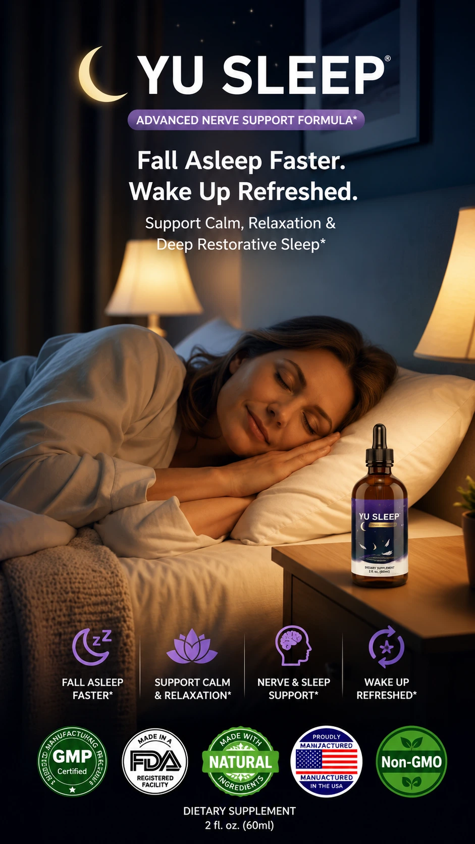 Woman sleeping peacefully through the night with healthy sleep support